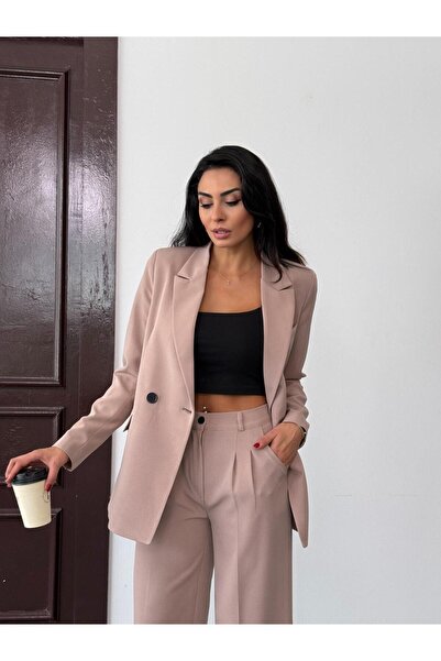 Afri Beige Women's Polly Viscon Set – 1St. Class Fabric Blazer Jacket & Palazzo Pants Double Suit