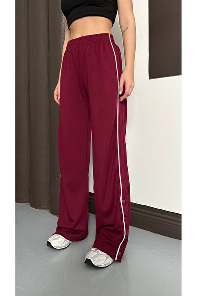 mielva Women's Burgundy Side Striped Modal Wide Leg Baggy Sweatpants