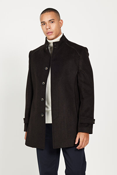 ALTINYILDIZ CLASSICS Ανδρικό παλτό από μαλλί καφέ Standard Fit Normal Cut ψηλός λαιμός με σχέδιο