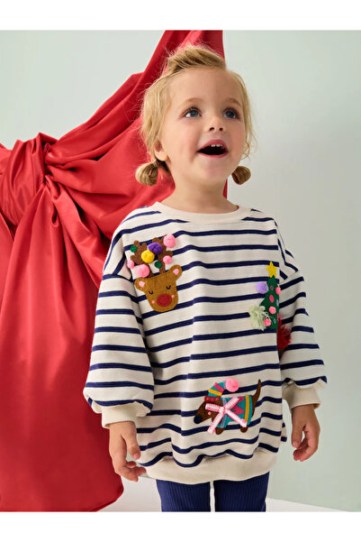 Next Baby 100% Organic Cotton Cream/Navy Blue Striped Christmas Pattern Long Sleeve 2-Piece Bottom Top Set Alyf74694