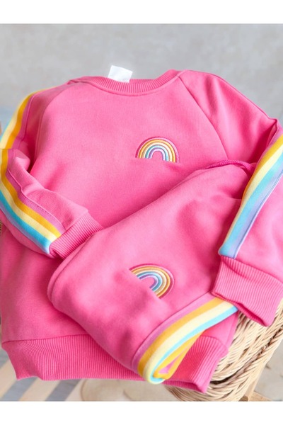 Pinkitokids Rainbow Embroidered Sweatshirt and Sweatpants Set-Pink