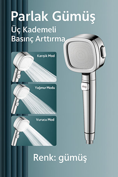 SUVİA Duş Başlığı 3 Kademeli Basınç Güçlendirme – Stop Düğmeli, Su Tasarruflu...