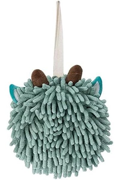Generic Hanging Chenille Pom-Pom Hand Towel - Quick-Dry, Cute Animal Design (Blue, 17×17 cm)