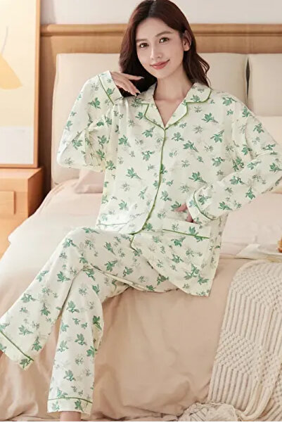 Muchmy طقم بيجامة نسائية مكون من قطعتين بنمط زهور مع أزرار علوية وأسفل وخصر م...