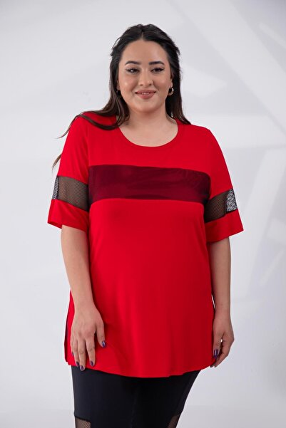 Roxxlen Μπλούζα μεγάλου μεγέθους με διχτυωτή λεπτομέρεια σε κόκκινο χρώμα