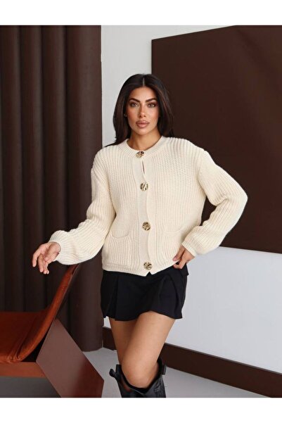 TRENDLİA Women's Gold Buttoned Thick Knitted Patterned Round Neck Mini Pocket...