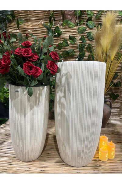 Ekodoğa 2'Li Uzun Çizgili Hafif Beton Saksı Seti