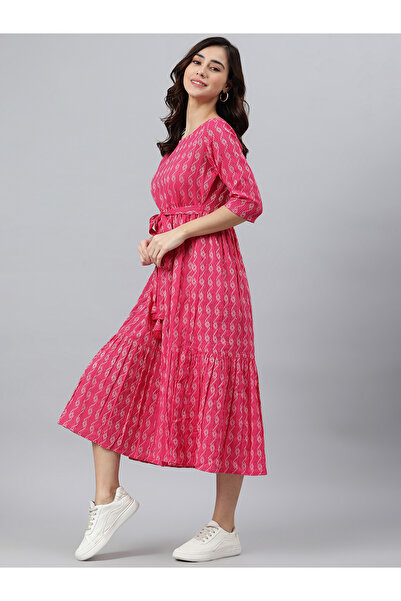 IndHeritage Premium pure cotton pink dress with ethnic prints & tie on the waist area - Indo Western wear