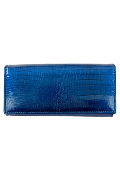 Tita Women's Leather Wallet - Glossy Reptile Finish, Metal Closure, Royal Blue