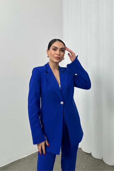 ZF BUTİK Women's Stone Detailed Double Pipe Leg Blazer Jacket Pants Set