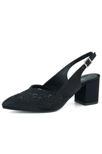 Erkan Saçmacı Estelle Black Satin Stone Mesh Pointed Toe Thick Heeled Open Back Evening Dress Shoes