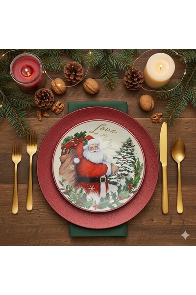 BREZIUM Set of 4 Christmas porcelain plates, 19 cm, Red/Green