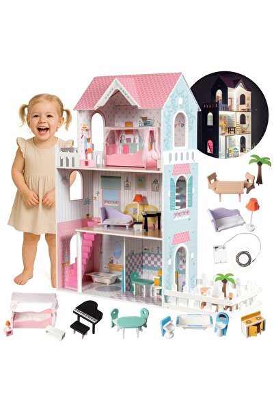 mamabrum XXL Cea mai mare casă de păpuși din lemn - 123 cm - iluminată cu LED-uri