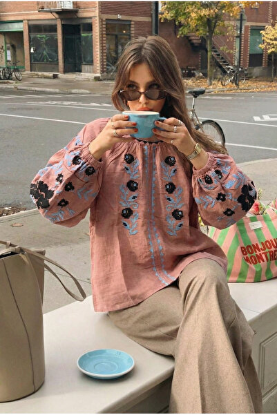 FEMELLE Γυναικεία βαμβακερή μπλούζα με ροζ μπαλόνι με κέντημα