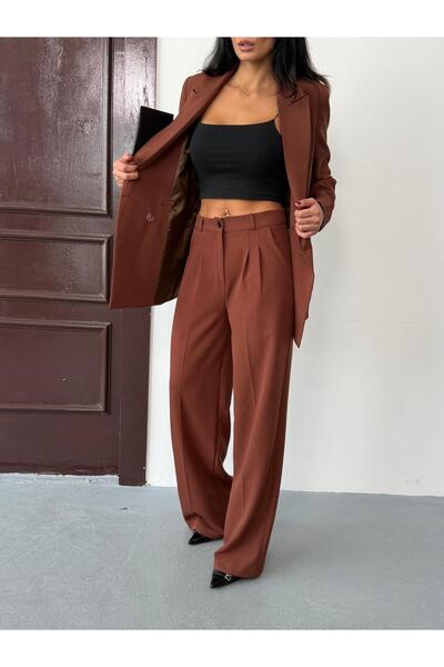 Afri Kahverengi Kadın Polly Viscon Takım – 1. Sınıf Kumaş Blazer Ceket & Palazzo Pantolon İkili Takım