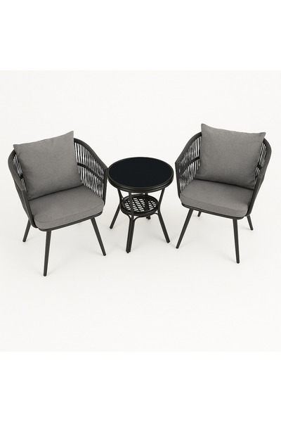 Ebticar Sleek Black & Dark Grey Outdoor Tea Set with Foam Cushions – 2 Chairs & 1 Table