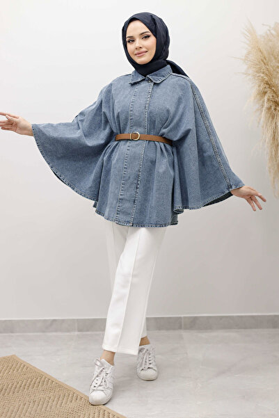 Tesettür Dünyası Belted Denim Poncho Tsd250256 Light Blue