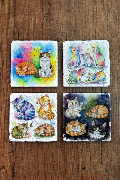 Begoloni Stone Decor Natural Stone Coaster - Cute Cats Printed Coasters 10X10...