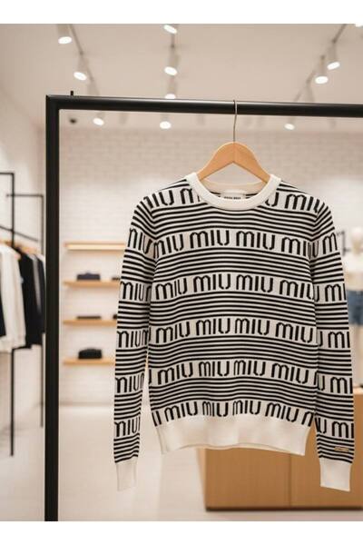 YusGos Women's Crew Neck Steel Mesh Striped Lettering High Quality Knitwear Sweater