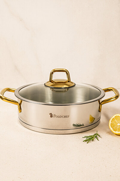 KAMPANYALI Polochef 24 cm Stainless Steel Flat Pot 3.2 Lt | Wide Base Rice and Sauté Pot |