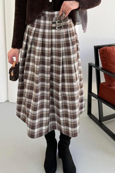 Modaensarbutik Toka Detaylı Ekose Pileli Verev Etek-KAHVERENGİ