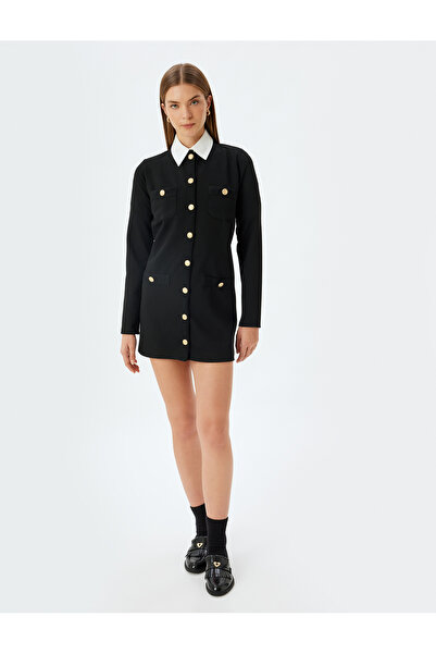Koton Long Sleeve Shirt Collar Gold Button Detailed Mini Dress