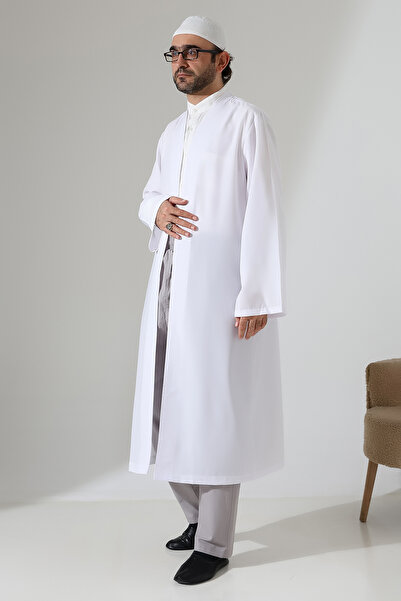 ihvan online Ανδρικό φόρεμα προσευχής με γιακά μπουφάν και τσέπες, λευκό - (Sfa)
