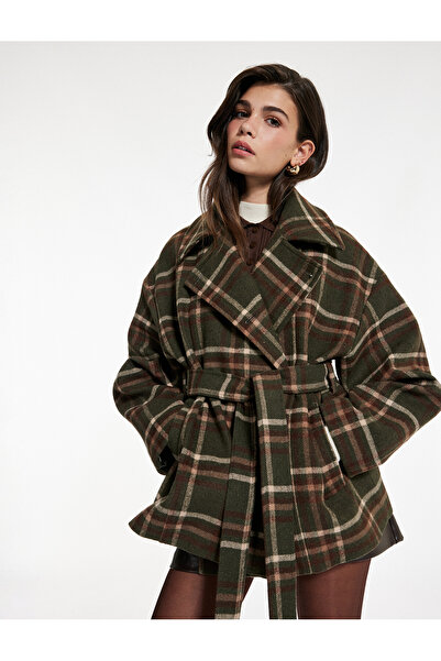 Koton Kaşe Ekose Kaban Uzun Kollu Cepli Kruvaze Kemerli