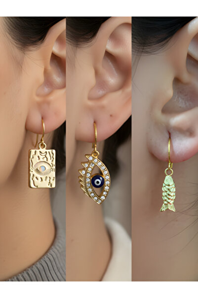 TURBİJ مجموعة أقراط نسائية مكونة من 3 قطع على شكل عين وسمكة ورمز العين الشريرة