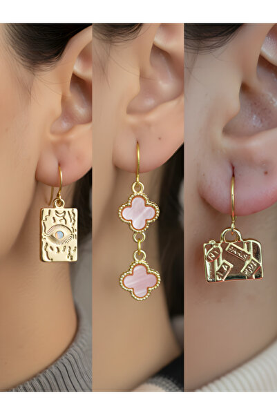 TURBİJ طقم أقراط نسائية من ثلاث قطع على شكل وردة وردي اللون من جو آي روز كلوفر