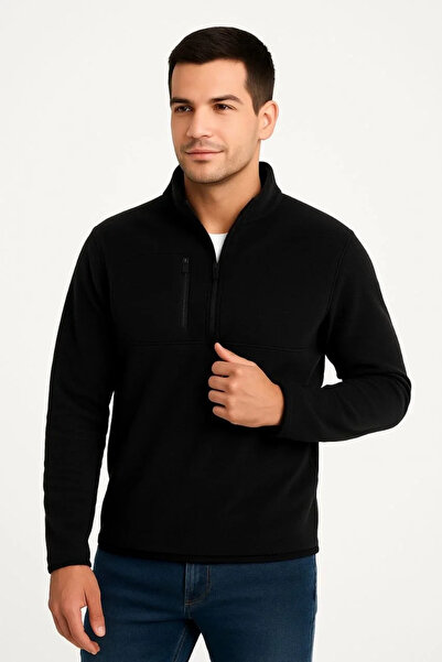 GökTR Men's Fleece Sweater – Stand Collar, Half Zipper, Zippered Chest Pocket, Black Trim, Winter