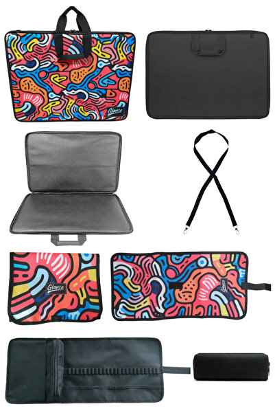 GLANCE Proje Çantası 39x55 Cm 4 Bölümlü Kalem Çantası Kulplu Renkli Desen Seti