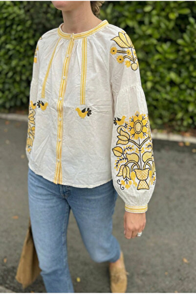 FEMELLE Women's White Balloon Sleeve Embroidered Cotton Shirt