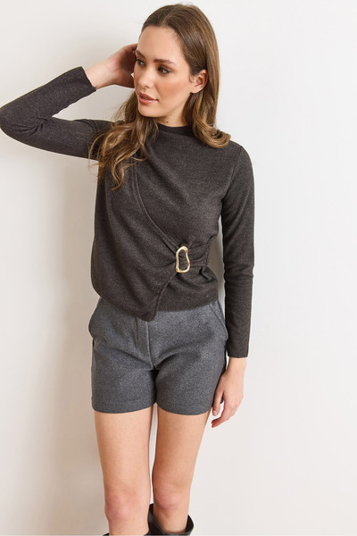 Olalook Women's Anthracite Mock Neck Accessory Detailed Flowy Thessaloniki Blouse Blz-19003163