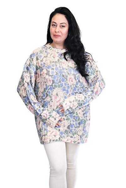 Blues Outlet Pulover de lână oversize cu flori pentru femei - ALBASTRU