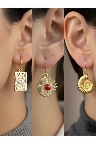 TURBİJ مجموعة أقراط نسائية من 3 قطع على شكل صدفة البحر والشمس والعين