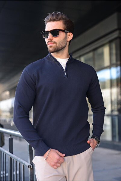 Madmext Navy Blue Half Zipper Mock Neck Men's Knitwear Sweater 7442