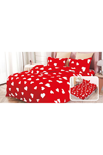 trendyhome Double Bed Linen with Elastic, Cocolino Fluffy Material, 4 Pieces, Hearts, Red/White, i14040-Elastic