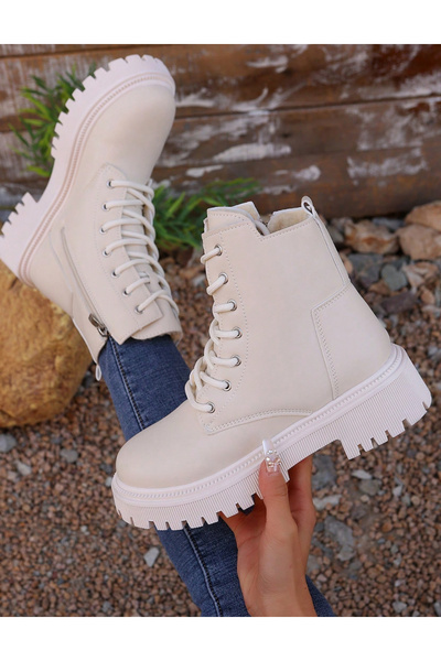 Sheya Shein lace-up boots, cream