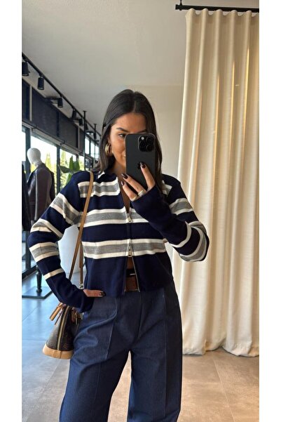 MODAMERSİ Women's Navy Blue Striped Zipper Detailed Knitwear Cardigan