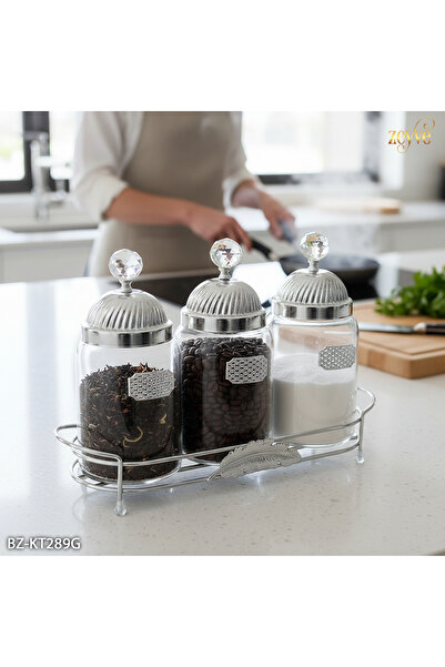 Hinora Yaprak Model Glass 3-Piece Tray Spice Rack Set 33X23X11Cm