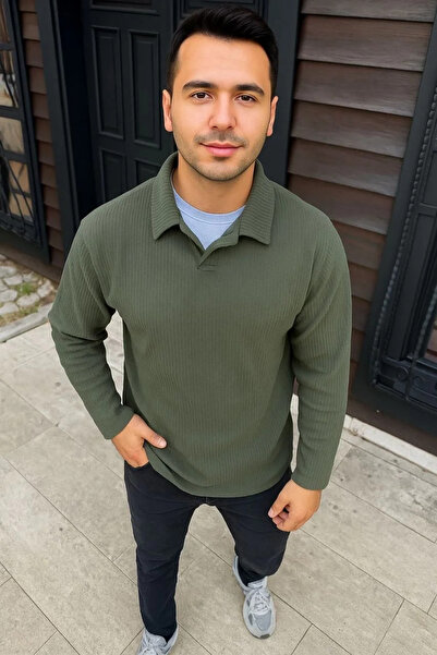 GökTR Men's Corded Fabric Fleece Sweatshirt – Buttonless Polo Collar, Oversized Comfortable Fit, Thick Fleece Fabric,