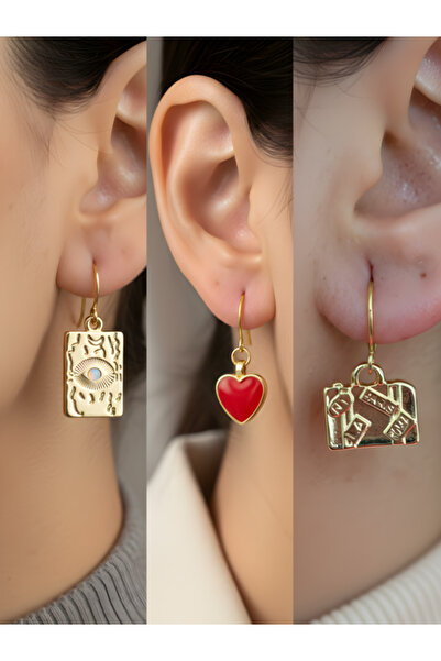 TURBİJ طقم أقراط نسائية من مجموعة سيمبول مكونة من 3 قطع على شكل قلب أحمر