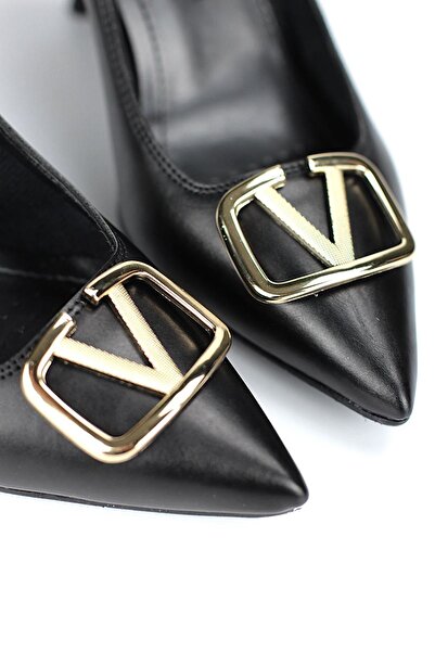 Gökhan Talay Hana Flexible Soft Non-Slip Sole (8 cm) Black Leather V Buckle Women's Heeled Shoes