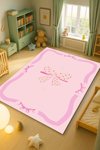 Kessy Home Studio Pembe Kurdele Desenli Çocuk Oda Halısı Makinede Yıkanabilir...