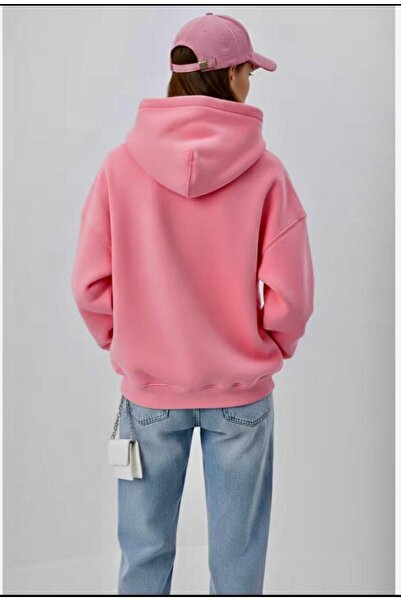 SELENA BUTİK Unisex Hooded Pocket Pink Plain Sweatshirt