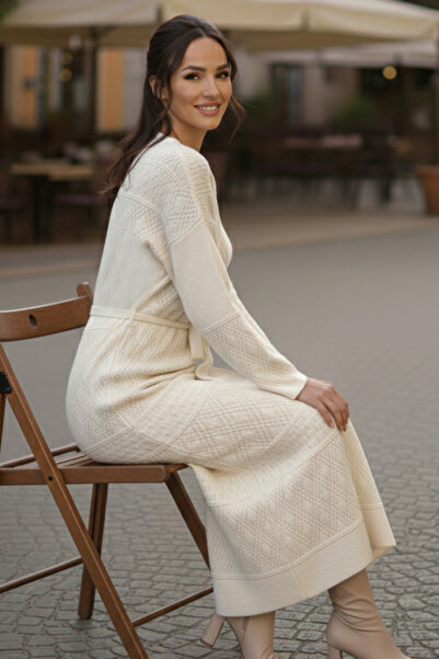 benguen Πλεκτό φόρεμα με δικτυωτό σχέδιο μπακλαβά R4454 Χρώμα πέτρας