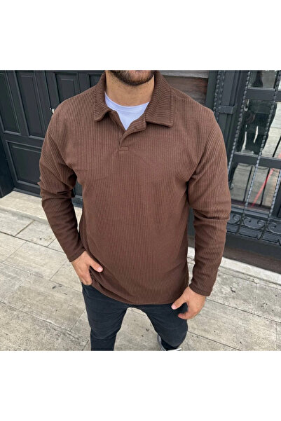 GökTR Men's Corded Fabric Fleece Sweatshirt – Buttonless Polo Collar, Oversized Comfortable Fit, Thick Fleece Fabric,