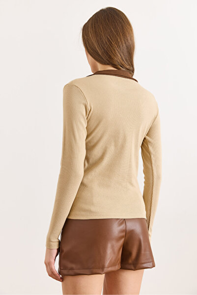 Olalook Women's Beige Coffee Collar Detailed Buttoned Corded Fabric Stretchy Blouse Blz-19003181