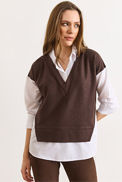 Olalook Γυναικείο καφέ λευκό πουκάμισο Σελανίκης με λεπτομέρεια άνετη εφαρμογή μπλούζα BLZ-19003111